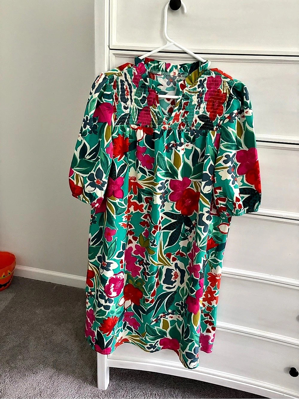 Floral Mini Dress in Green & Pink Like New